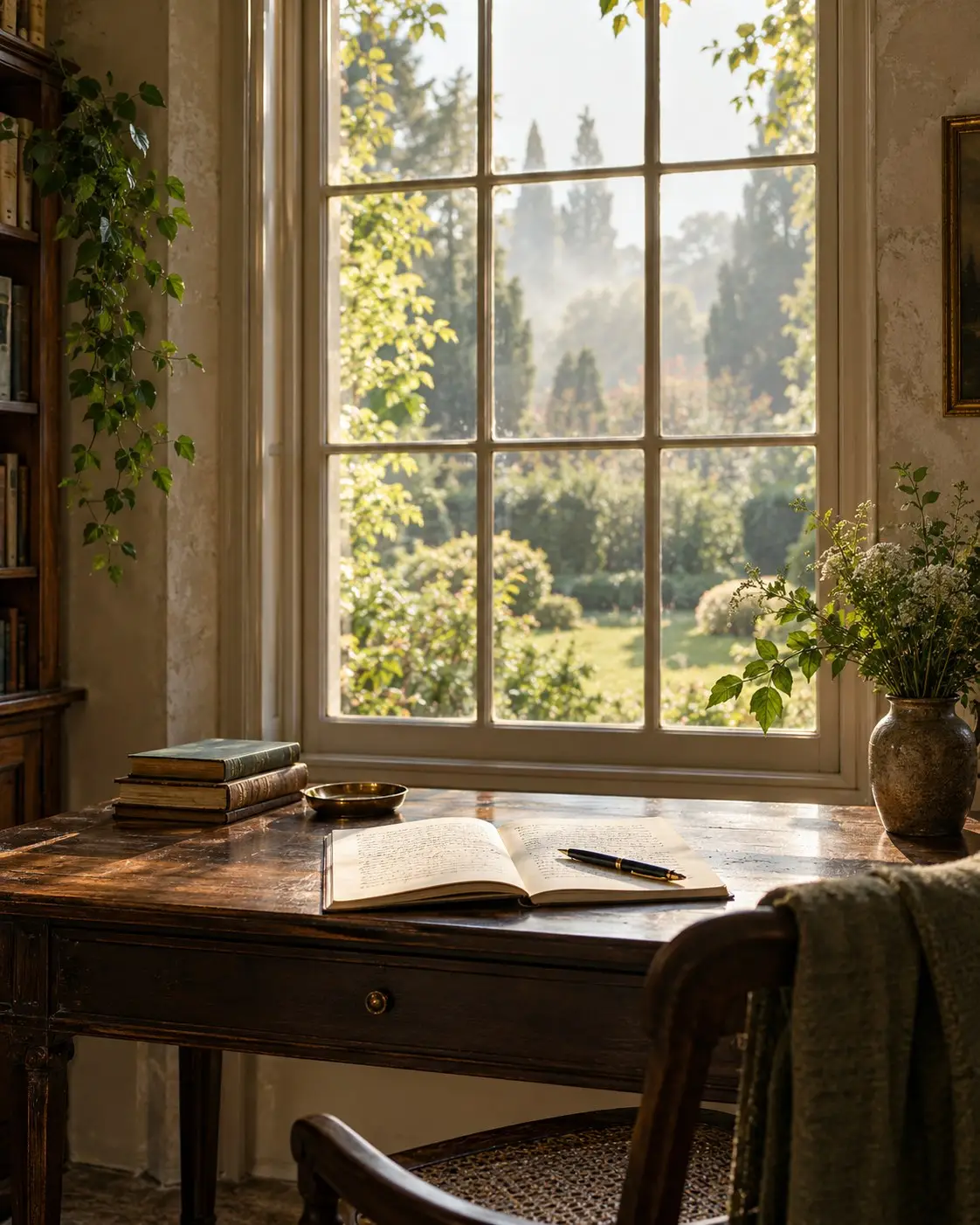 An old wooden desk with an open notebook and fountain pen in front of a paned window, a garden in the morning light outside