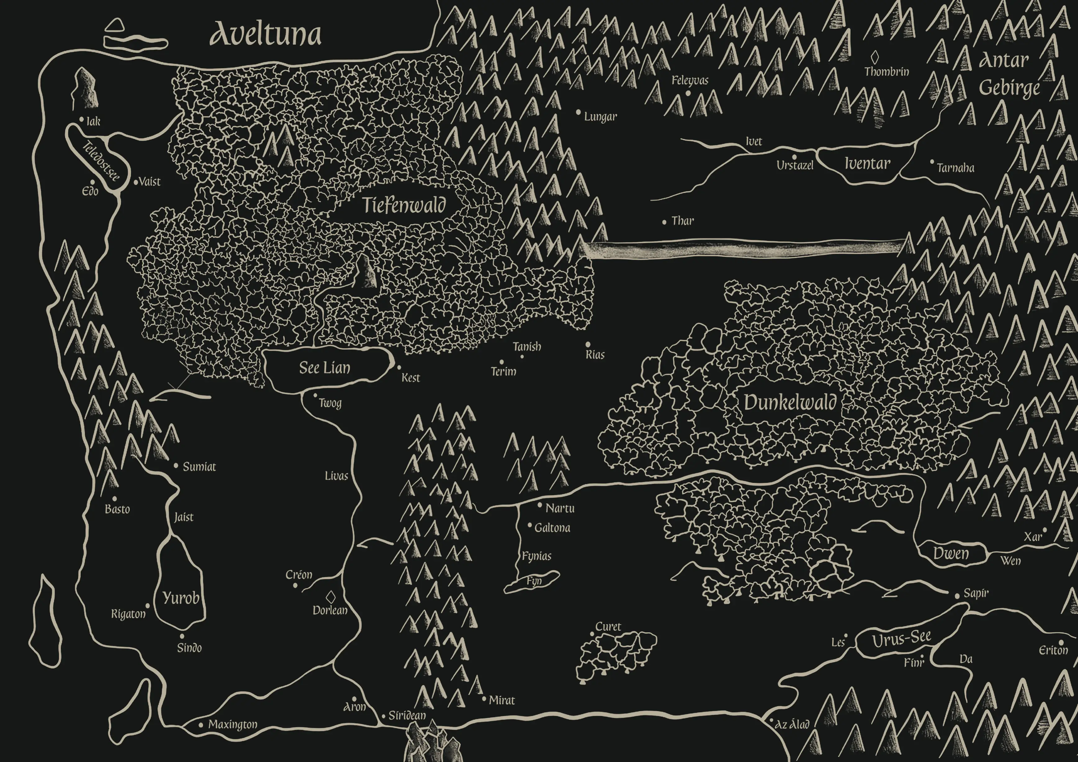 Hand-drawn world map of Aveltuna with forests, mountains, rivers, lakes and towns. Rias, Terim, Kest and Dorlean are highlighted.