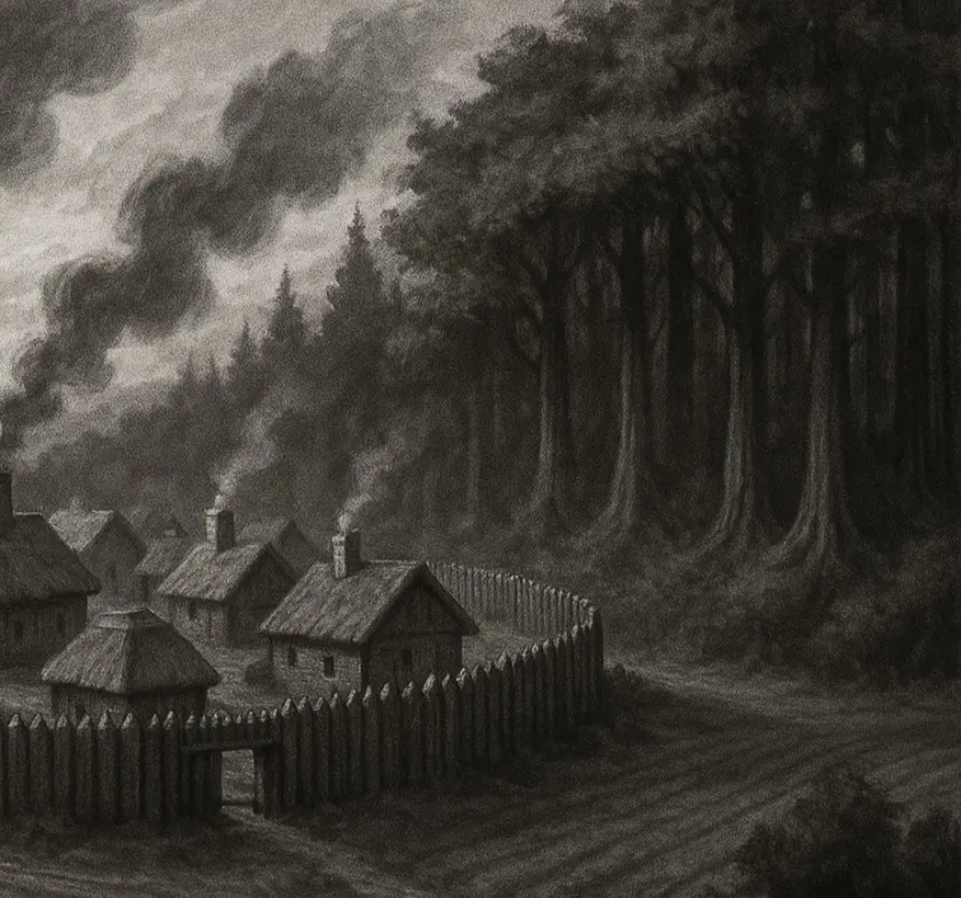 Charcoal drawing of a village: thatched huts with smoking chimneys behind a wooden palisade at the edge of a dark forest