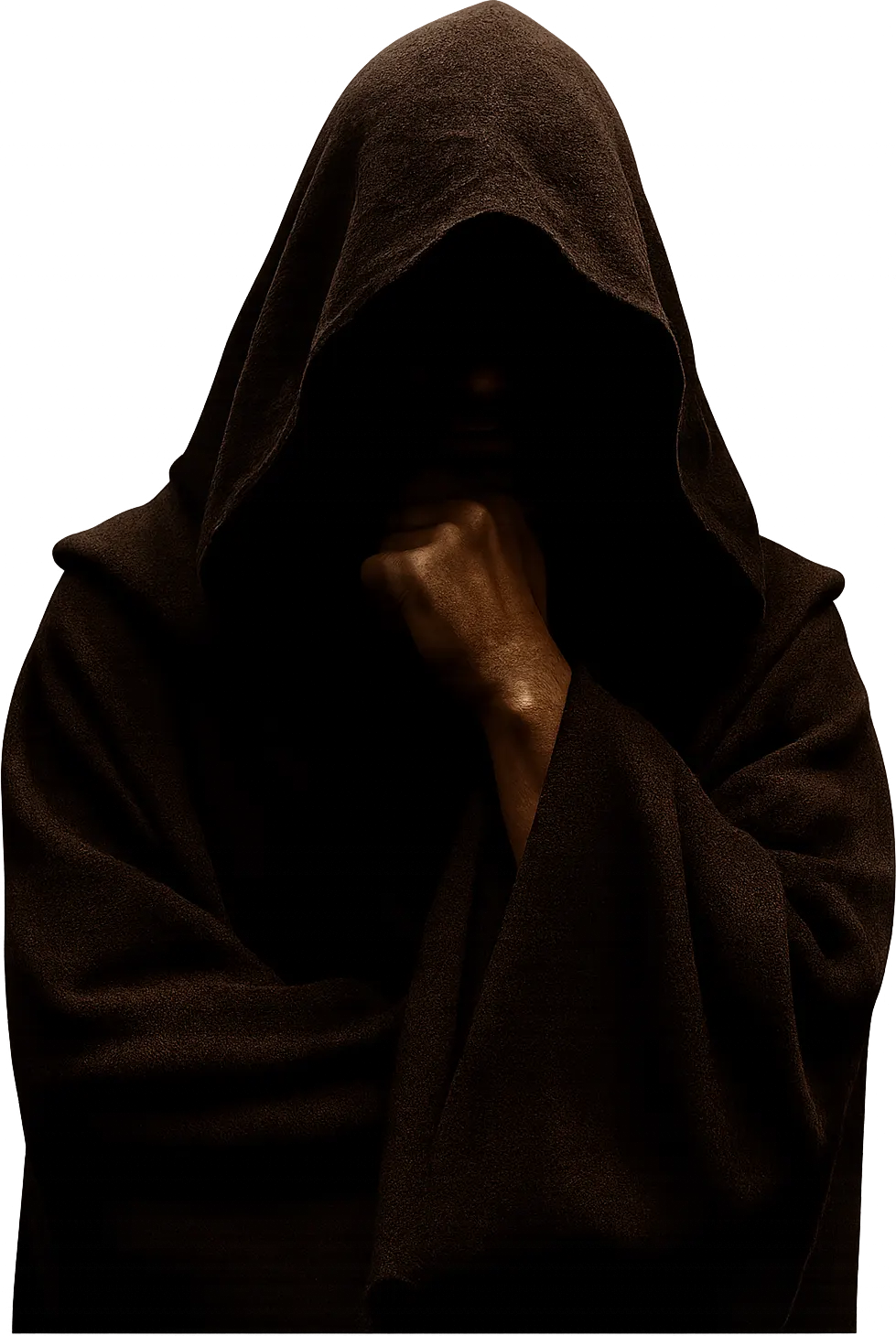 A figure in a dark hooded robe, face in shadow, hand resting thoughtfully on the chin