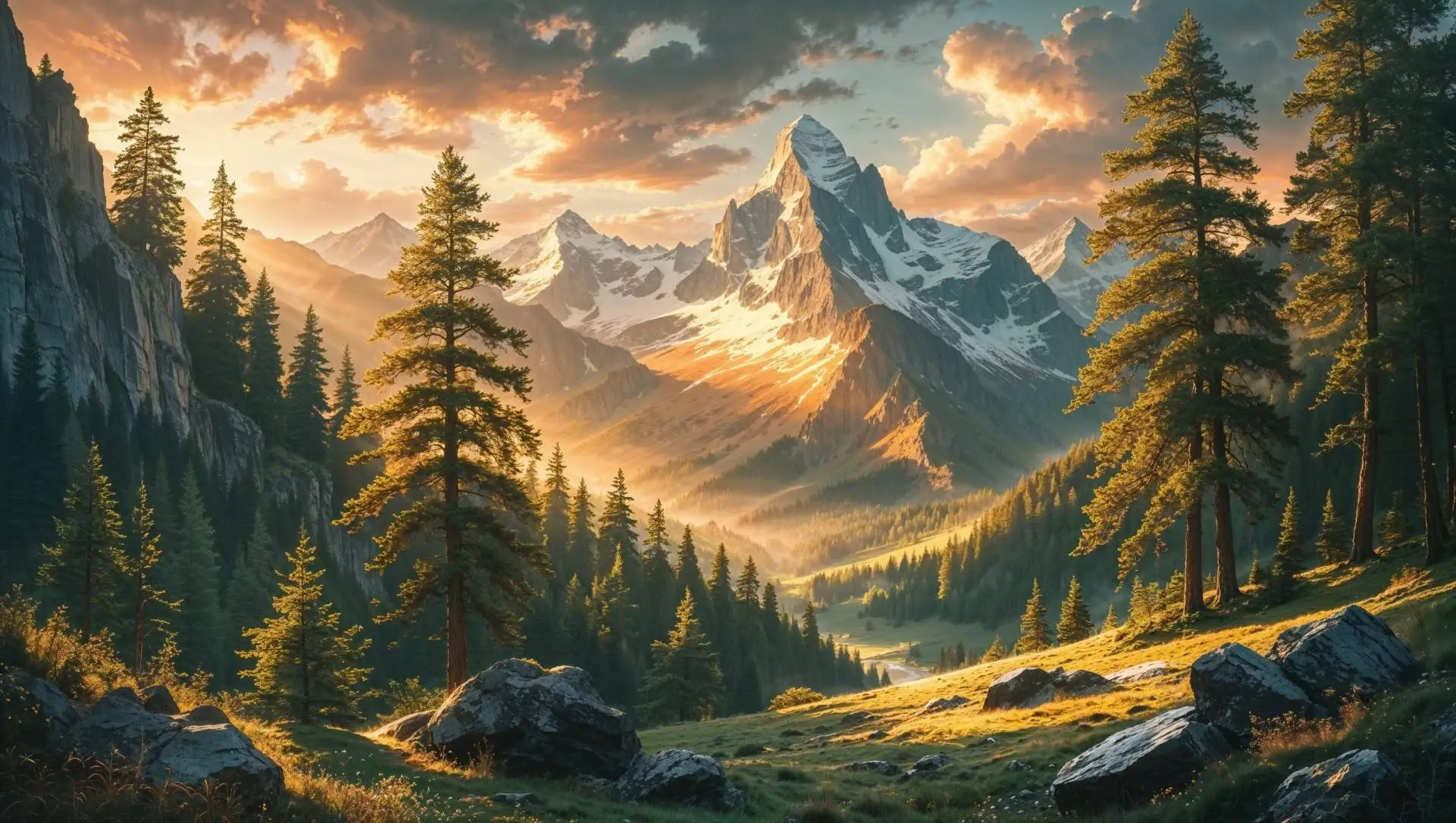 Snow-capped mountain peak in evening light above a forest of tall pines