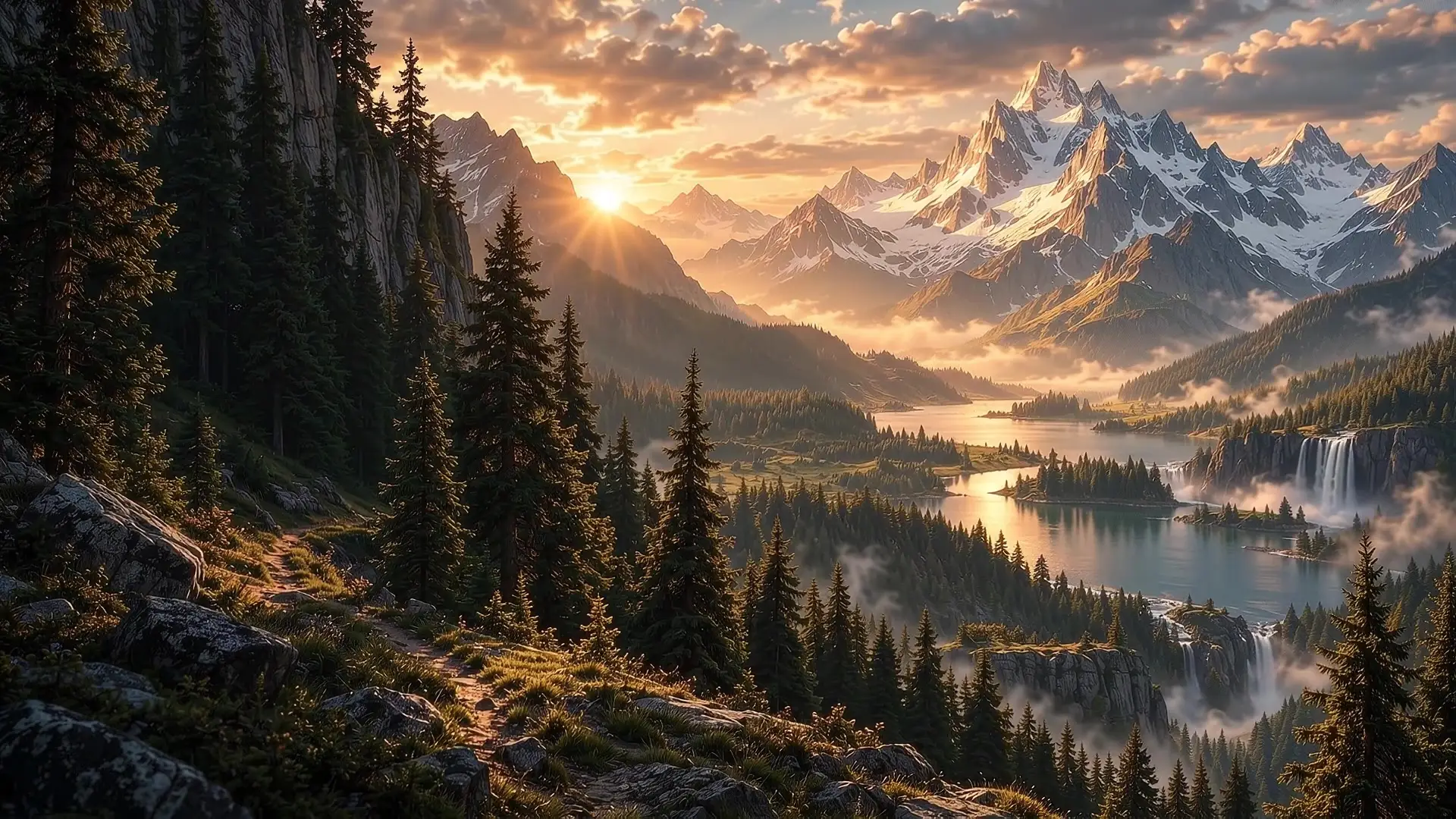 Sunrise over a mountain valley with a lake, waterfalls and pine forest